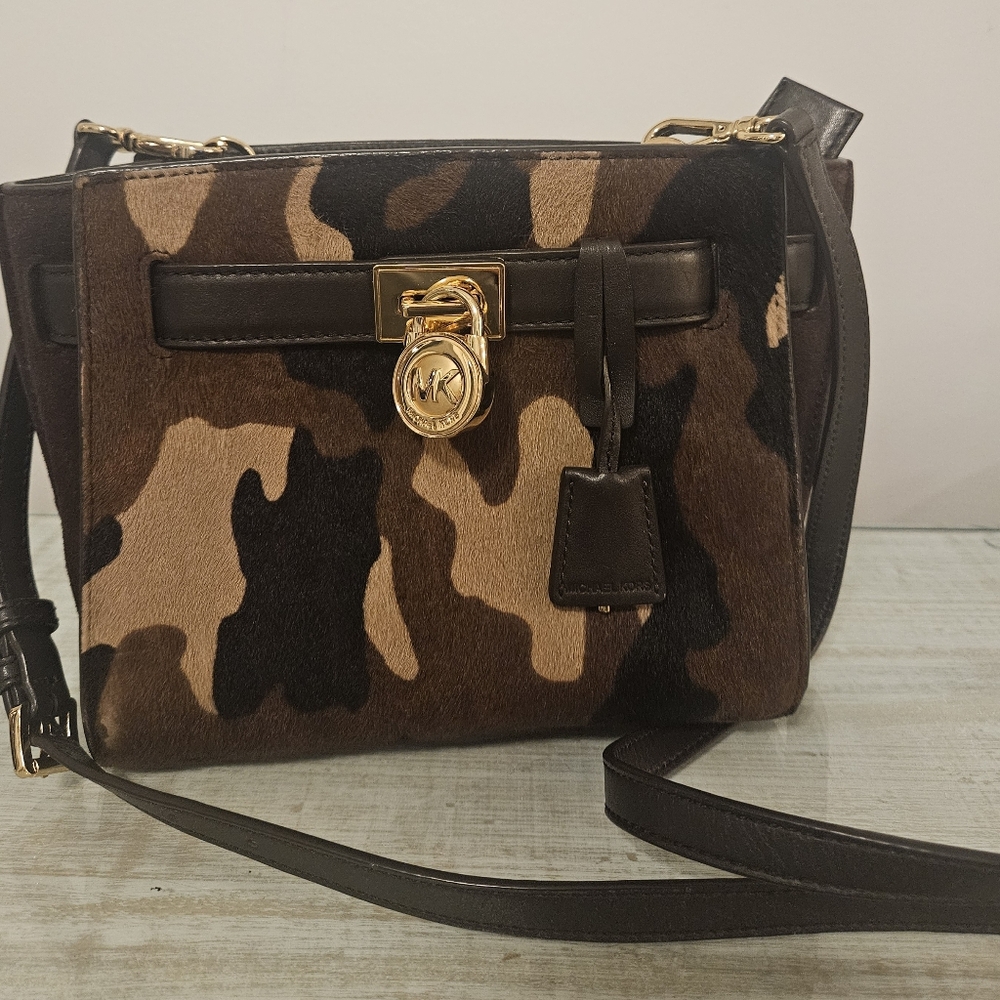 Michael Kors MK Hamilton Traveler Calf Hair Brown Leather Bag Handbag Purse